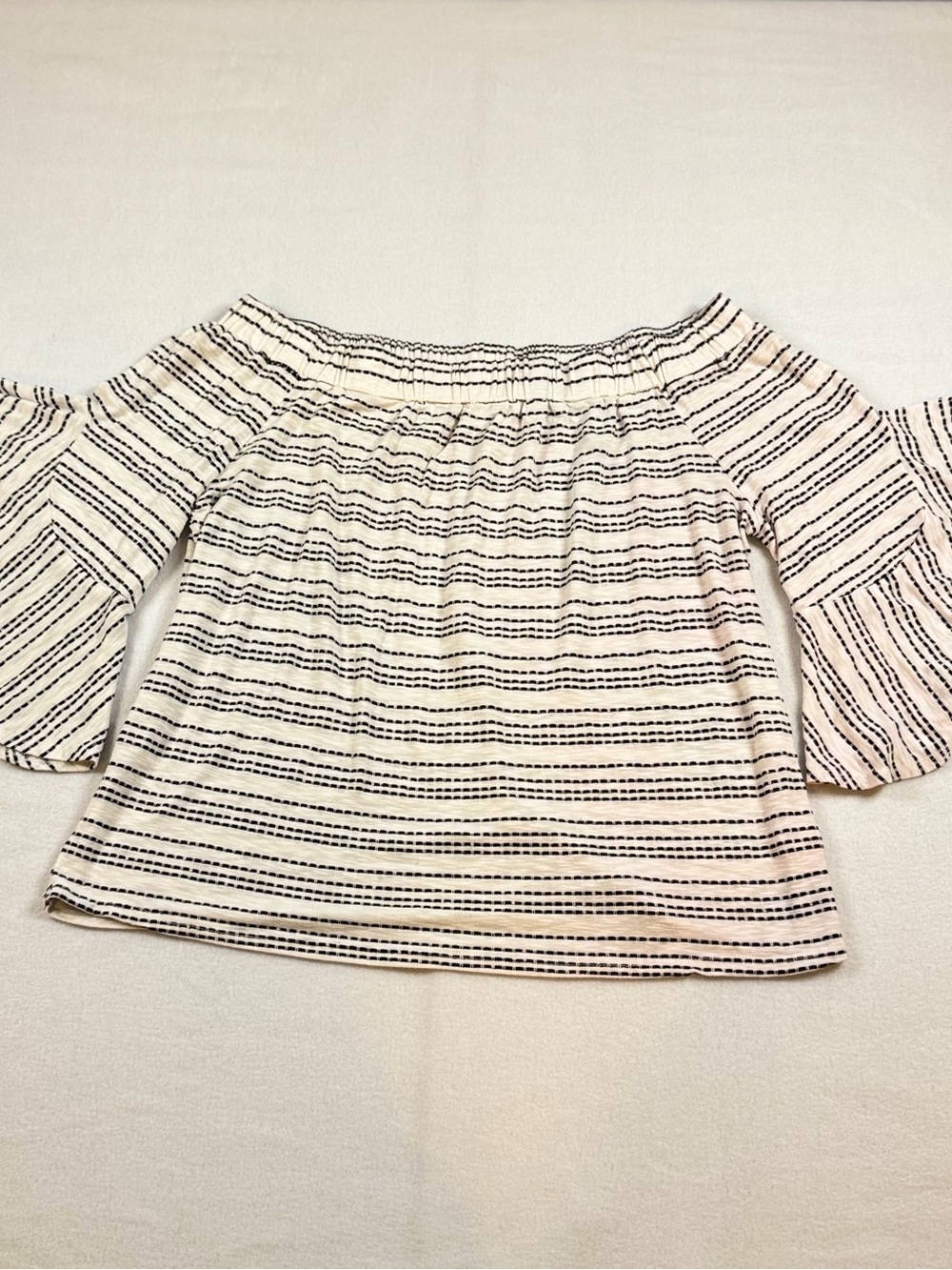Chachavente Womens Off The Shoulder Bell Sleeve Striped Blouse Cream Black Large